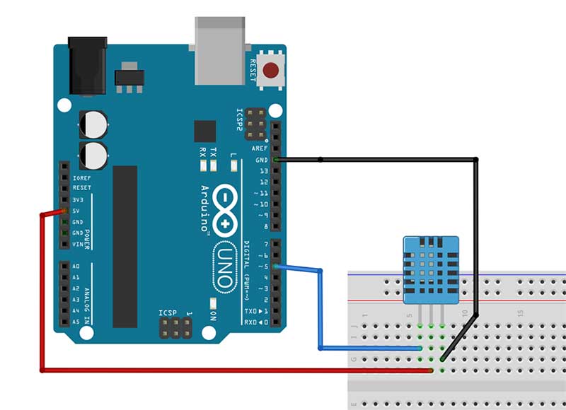 Breadboard circuit of the DHT11 sensor