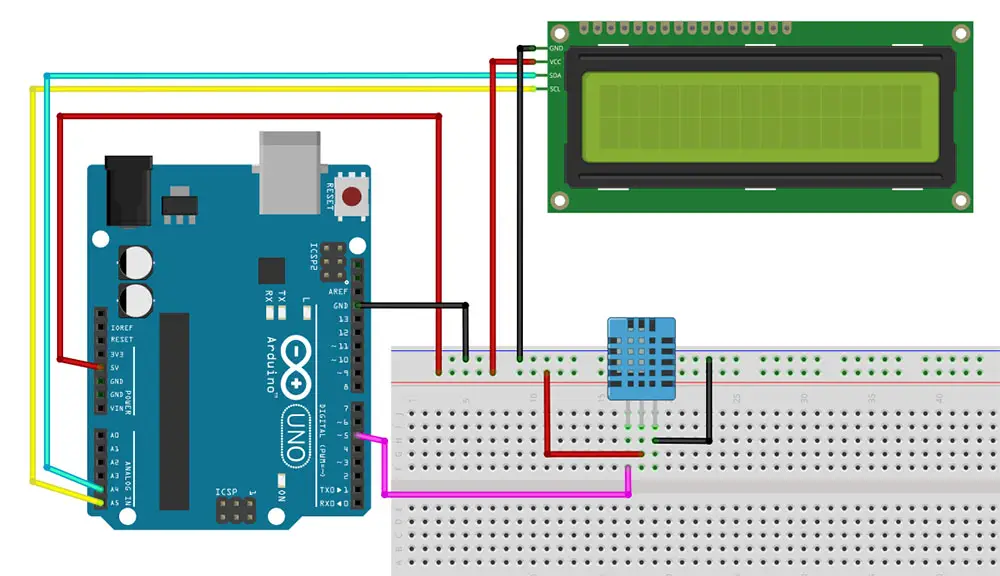 The breadboard circuit for integrating the DHT11 module with the I2C LCD
