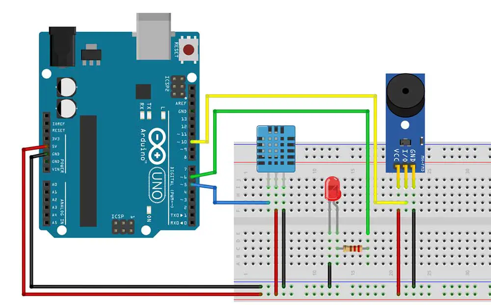 Integrating the DHT11 temperature sensor with a piezo buzzer and an LED