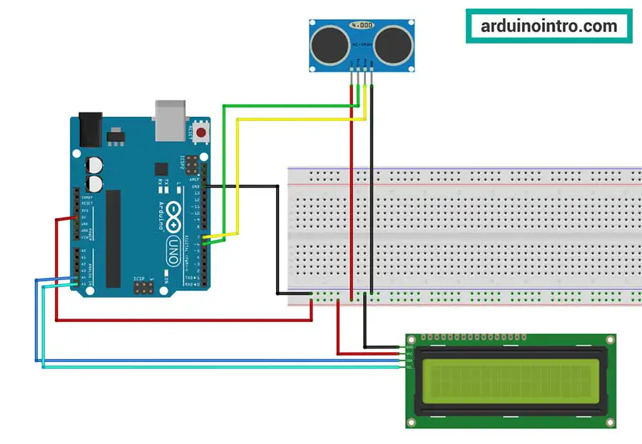 Breadboard circuit for I2C LCD and HC-SR04 Ultrasonic sensor.