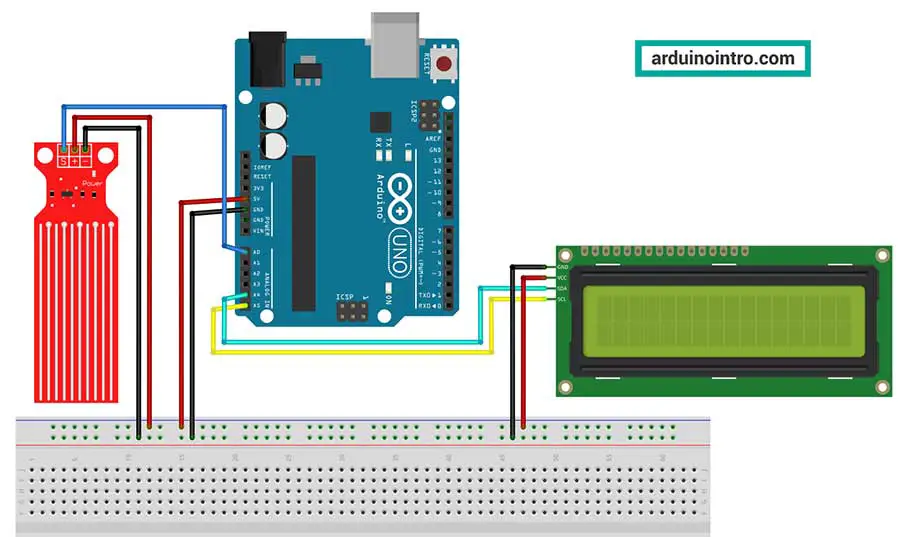 breadboard circuit for water level sensor and I2C LCD.