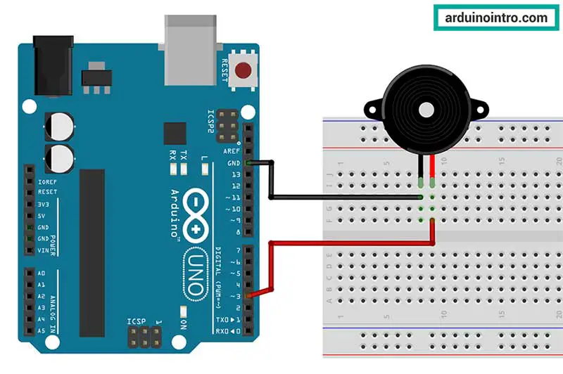 Breadboard circuit for connecting the piezo buzzer to the Arduino board.