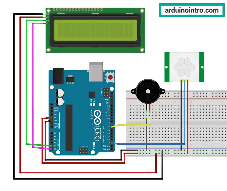 Breadboard circuit for our Motion Detection System.