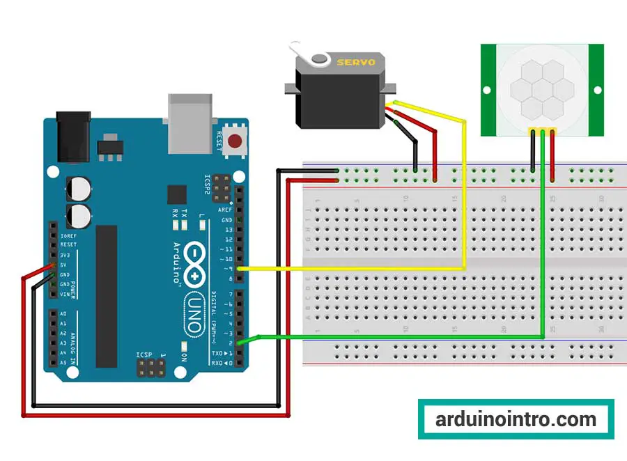 Breadboard circuit for PIR sensor and servo motor