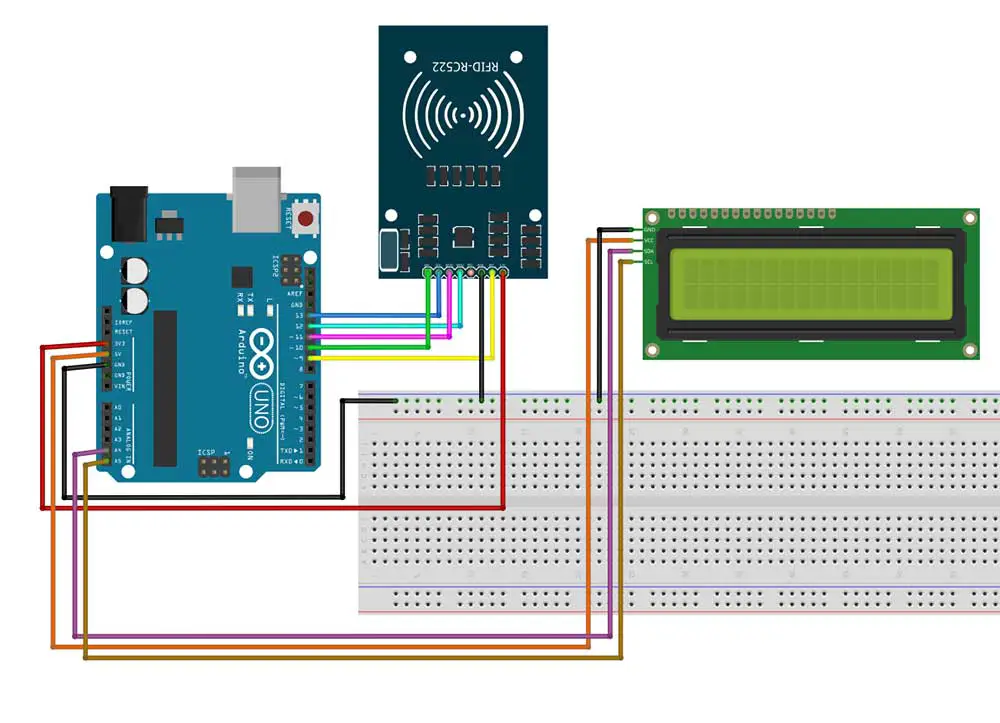 breadboard circuit for RFID and I2C LCD