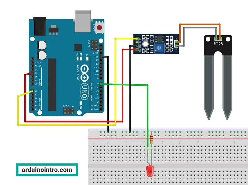 Breadboard circuit of soil moisture sensor and LED