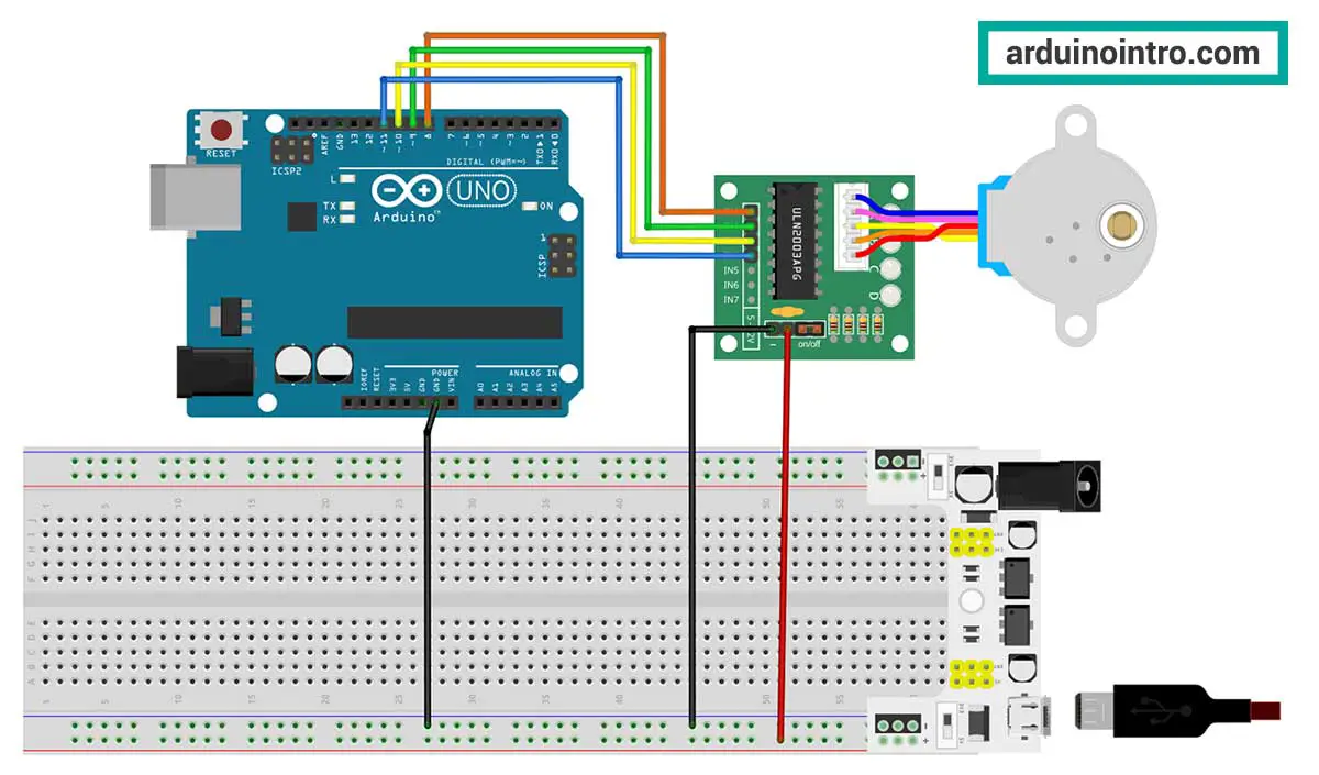 Stepper Motor with ULN2003 driver module breadboard circuit